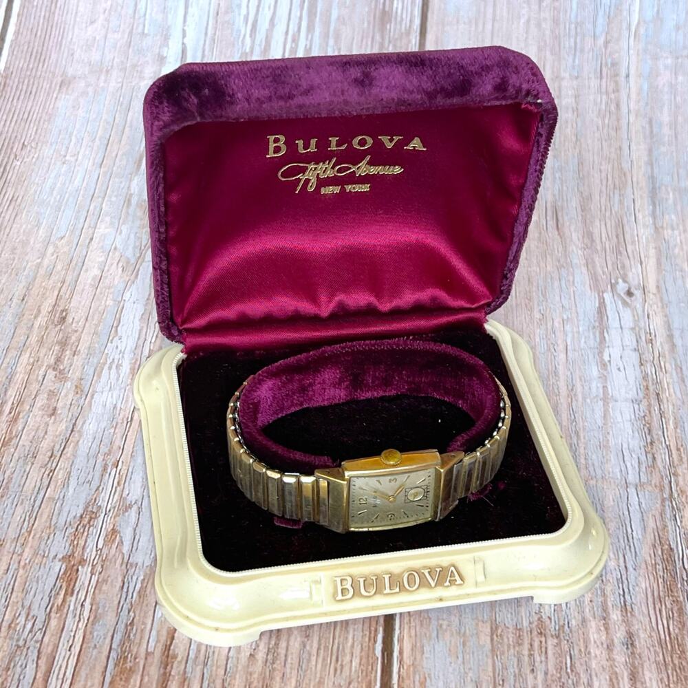 Vintage 1947 Bulova 10K Gold Filled Tank Watch Kreisler Band Box Papers AS IS